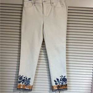 Chico's White Jeans with Blue and Brown Floral Accents